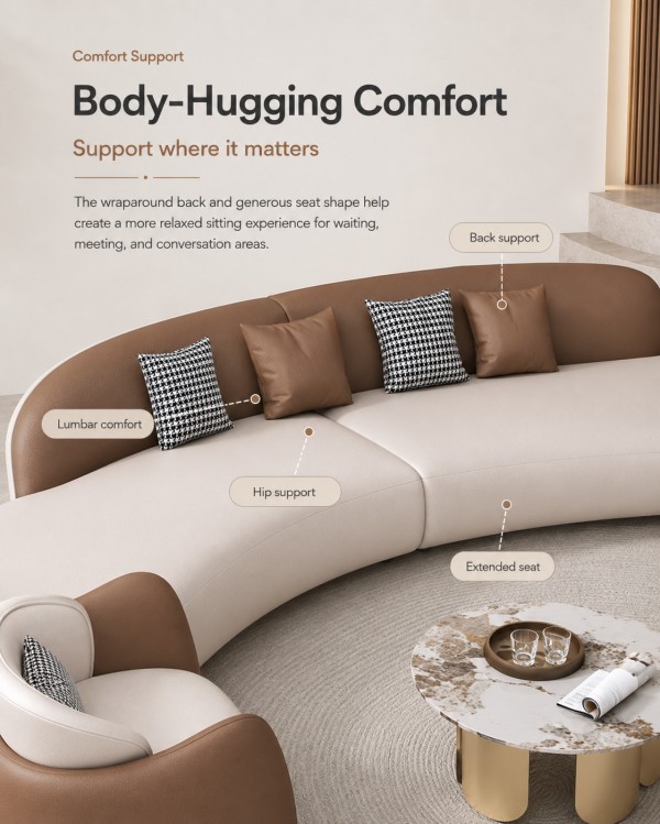 BJ3066 Body-Hugging Curved Lounge Sofa Comfort Design Close-up of BJ3066 curved lounge sofa showing wraparound back support, extended seat depth, and comfortable seating for waiting areas and reception rooms.
