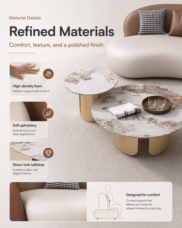 BJ3066 Curved Sofa Set with High-Density Foam and Stone-Look Table BJ3066 lounge sofa set material details including high-density foam, soft upholstery, and stone-look coffee table for commercial interior furniture.