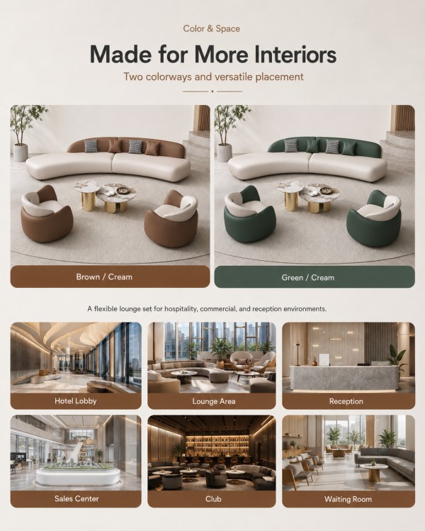 BJ3066 Curved Sofa Set Color Options and Commercial Applications BJ3066 curved sofa set available in brown cream and green cream color options for hotel lobby, lounge area, reception, sales center, club, and waiting room.