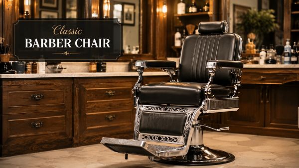 Classic hydraulic barber chair in a traditional barbershop with leather upholstery and chrome details