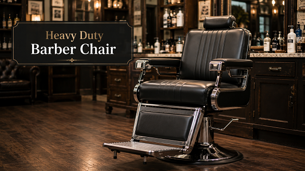 Heavy duty barber chair with reinforced frame and wide seat in a commercial barbershop