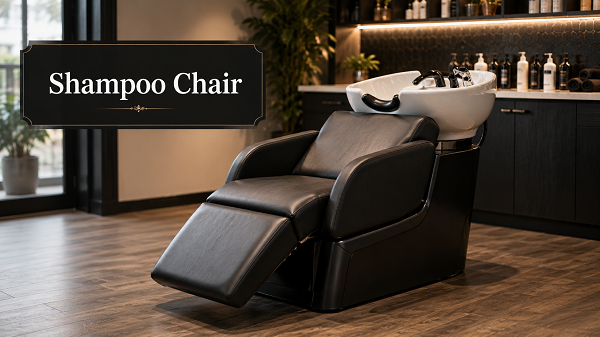 Shampoo chair integrated with a hair washing basin in a modern salon, reclined position for client comfort