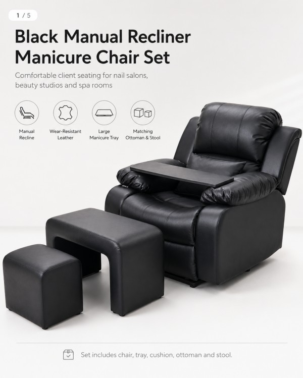 Dongpin black manual recliner manicure chair set with large tray, cushion, ottoman and stool for nail salon and beauty spa use