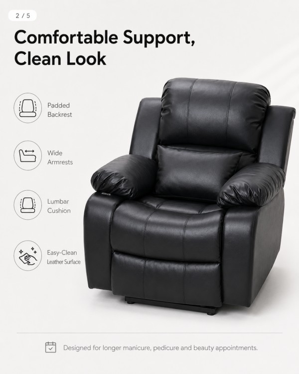 Dongpin black leather manicure chair with padded backrest, wide armrests, lumbar cushion and easy-clean surface for salon comfort