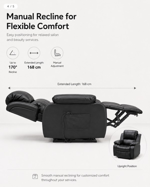 Dongpin black manual recliner manicure chair with adjustable reclining backrest, extended leg support and smooth manual adjustment mechanism
