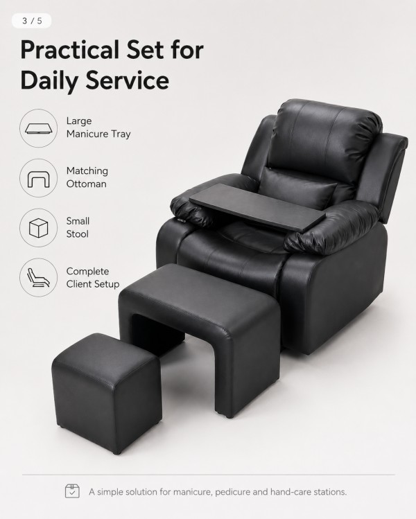 Dongpin manicure chair set includes large nail tray, matching ottoman and small stool for complete nail salon workstation setup