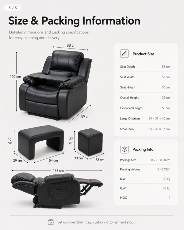 Dongpin manicure chair set size chart and packing details including product dimensions, ottoman size, stool size and 0.46 CBM packaging information