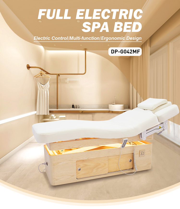 Dongpin DP-G042MF Full Electric Spa Bed in Luxury Spa Room - Electric Facial Treatment Bed Dongpin full electric spa bed DP-G042MF in modern luxury spa room with ergonomic design and wooden base