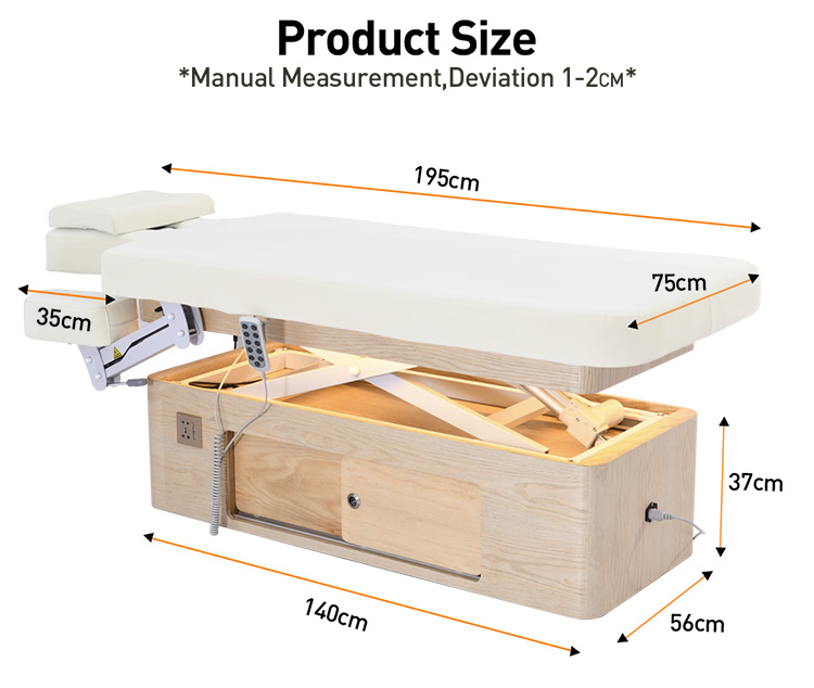 Dongpin Electric Spa Bed DP-G042MF Product Size and Dimensions - 195x75cm Adjustable Beauty Bed Dongpin DP-G042MF electric spa bed size chart showing 195x75cm dimensions and wooden base structure with measurements