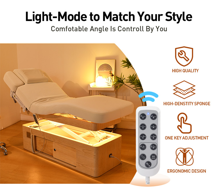 Dongpin Full Electric Spa Bed Multi Function Control - Adjustable Beauty Bed with Remote System Dongpin electric spa bed DP-G042MF with remote control showing height adjustment, backrest and ergonomic positioning functions