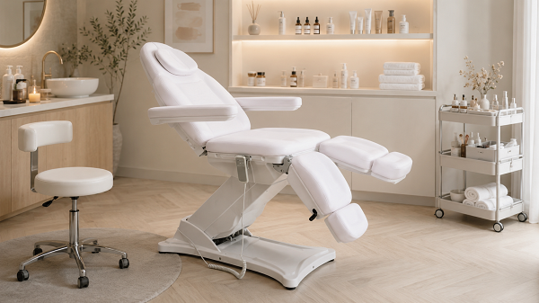 Dongpin DP-8184 split-leg beauty bed displayed in a modern spa treatment room with technician stool, wall cabinets, skincare products, towels, and salon trolley for beauty and waxing services