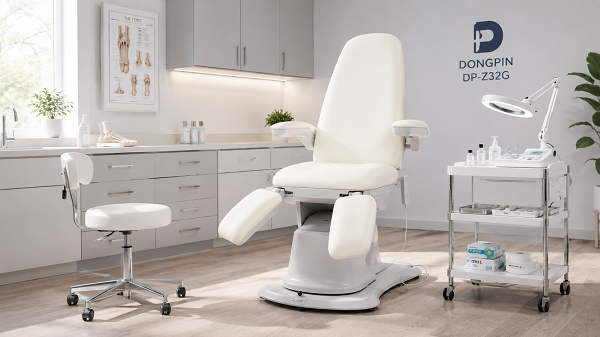 White electric podiatry examination chair in a clean medical foot care room with rolling doctor stool, medical cart, wall storage cabinets, magnifying exam lamp, and podiatry clinic accessories