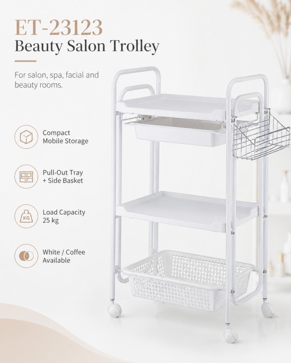 Dongpin ET-23123 Beauty Salon Trolley Overview Dongpin ET-23123 beauty salon trolley with shelves, pull-out tray, side basket and caster wheels for salon and spa rooms