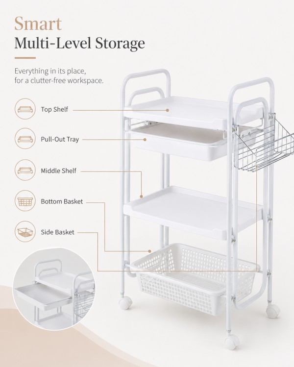 Dongpin ET-23123 Multi-Level Beauty Trolley Storage Dongpin ET-23123 salon trolley with top shelf, pull-out tray, middle shelf, bottom basket and side wire basket for organized beauty storage
