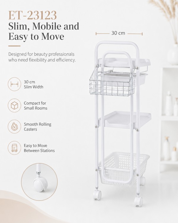 Dongpin ET-23123 Slim Mobile Spa Trolley Dongpin ET-23123 slim spa trolley with 30 cm width and smooth caster wheels for small salon rooms and beauty workstations