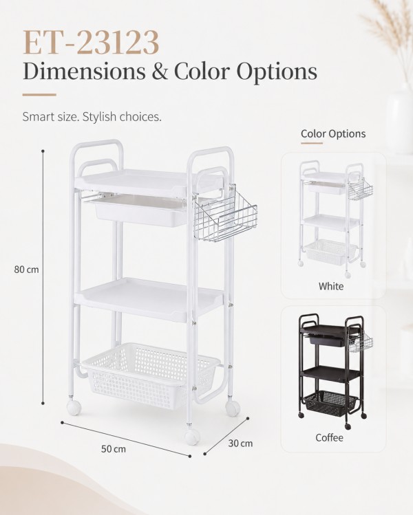 Dongpin ET-23123 Beauty Salon Trolley Dimensions and Color Options Dongpin ET-23123 beauty salon trolley dimensions 50 x 30 x 80 cm with white and coffee color options for salons and spa studios