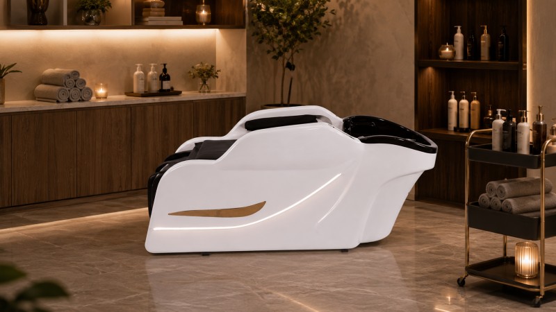 Dongpin XF-705 Electric Shampoo Bed for Luxury Head Spa Room Dongpin XF-705 electric shampoo bed in a luxury head spa room with black cushion, white ABS base, shampoo basin, salon trolley, towels, and scalp care products for premium salon and spa use