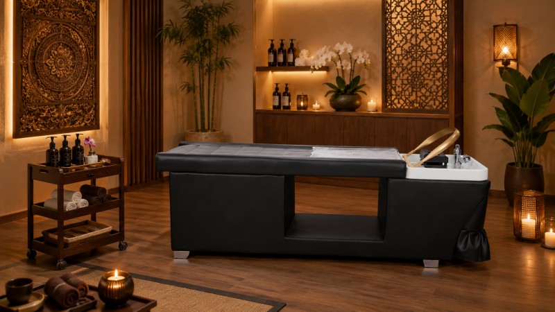 Dongpin XF-302 Salon Shampoo Bed for Thai Massage and Head Spa Room Dongpin XF-302 salon shampoo bed placed in a warm Thai spa room with black PU upholstery, white wash basin, gold handle detail, rolled towels, spa bottles, wood decor, and massage salon setting