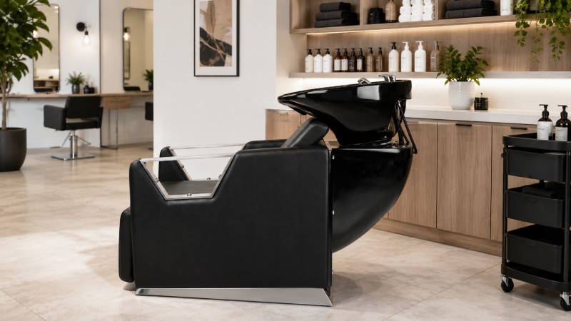 Dongpin DP-6625 Ceramic Shampoo Backwash Unit for Modern Hair Salon Dongpin DP-6625 ceramic shampoo backwash unit in a bright modern hair salon wash area with black shampoo bowl, upholstered seat, salon trolley, styling mirrors, towels, and professional hair care products