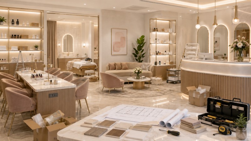 Completed salon and spa interior with reception desk, manicure stations, waiting lounge, treatment room and coordinated furniture package for Dongpin local contractor partnership blog
