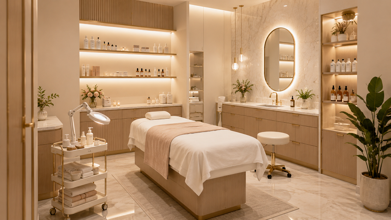 Modern spa treatment room with treatment bed, rolling cart, storage cabinets, product shelving and stool showing Dongpin beauty space design and furniture sourcing support