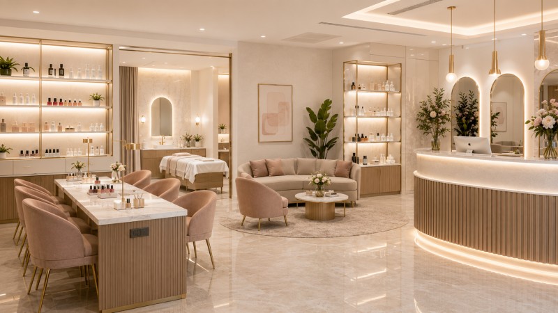 Luxury nail salon and reception area with manicure tables, waiting sofa, product display shelves and coordinated furniture layout for beauty business projects
