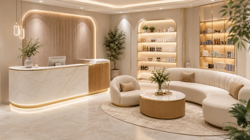 Dongpin Beauty Center Reception Area Furniture with Waiting Sofa and Display Shelf Modern beauty center reception area featuring a Dongpin-style reception desk, curved waiting sofa, coffee table, and backlit salon display shelves for skincare and beauty product retail.