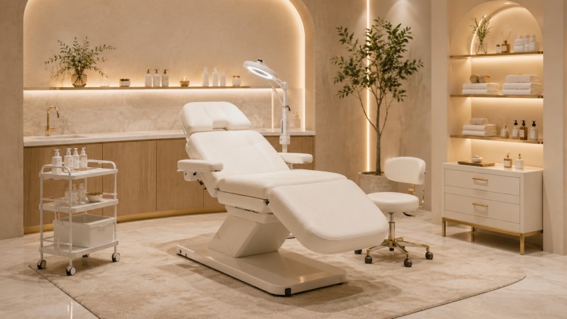 Dongpin Electric Facial Bed Setup for Spa Treatment Room Equipment Luxury spa treatment room with a Dongpin-style electric facial bed, esthetician stool, salon rolling cart, facial lamp, towel storage, and skincare products for beauty center setup.