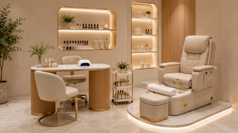 Dongpin Nail Salon Furniture with Manicure Table and Pedicure Spa Chair Modern nail and pedicure area featuring a Dongpin-style manicure table, client chair, nail technician stool, UV nail lamp, salon trolley, product display shelves, and pedicure spa chair.