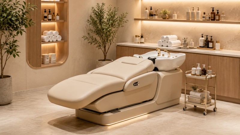 Dongpin Head Spa Bed and Shampoo Station for Beauty Center Setup Warm luxury head spa room featuring a Dongpin-style head spa bed with white shampoo basin, faucet, salon trolley, towel storage, hair care products, and spa-style interior design.