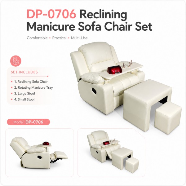 Dongpin DP-0706 Reclining Manicure Sofa Chair Set for Nail Salons Dongpin DP-0706 reclining manicure sofa chair set with rotating nail tray, large stool and small stool for nail salons, lash studios and beauty rooms.