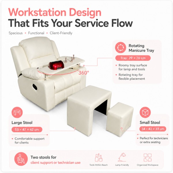 Dongpin DP-0706 Manicure Workstation with Rotating Nail Tray and Stools Dongpin DP-0706 manicure workstation design showing a 79 by 76 cm rotating nail tray, large stool and small stool for a flexible nail salon service setup.