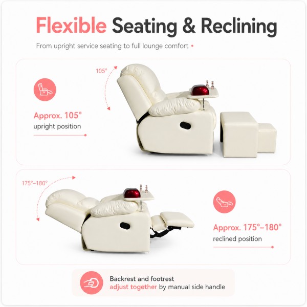 Dongpin DP-0706 Reclining Salon Chair with Manual Backrest and Footrest Dongpin DP-0706 reclining salon chair showing upright and reclined positions with manual side handle adjustment for manicure, lash and beauty services.