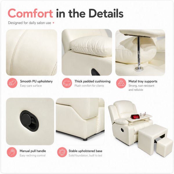 Dongpin DP-0706 Comfortable Manicure Sofa Chair Details and Materials Close-up details of Dongpin DP-0706 manicure sofa chair including smooth PU upholstery, padded cushioning, metal tray supports, manual recline handle and stable base.