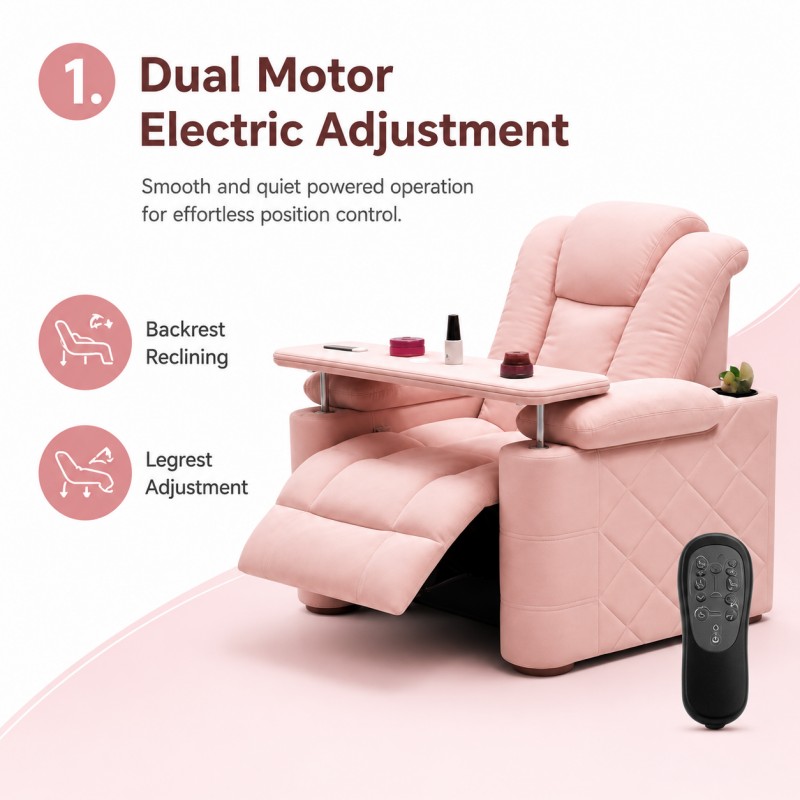 DP-0713 Dual Motor Electric Manicure Pedicure Chair with Reclining Adjustment Dongpin DP-0713 dual motor electric manicure pedicure chair with powered backrest reclining and legrest adjustment