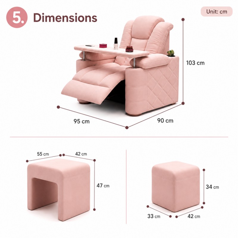 DP-0713 Electric Manicure Pedicure Chair Dimensions and Stool Size DP-0713 electric manicure pedicure chair size details with chair dimensions and matching nesting stool measurements