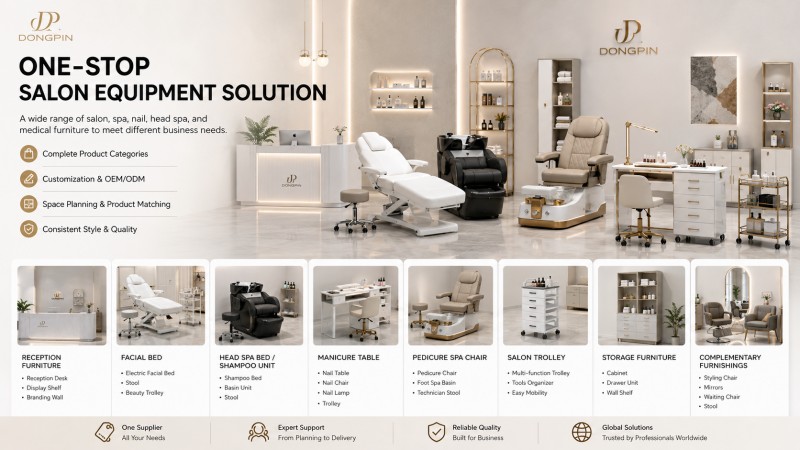 Dongpin one-stop salon equipment sourcing solution featuring facial beds, head spa equipment, manicure tables and pedicure chairs