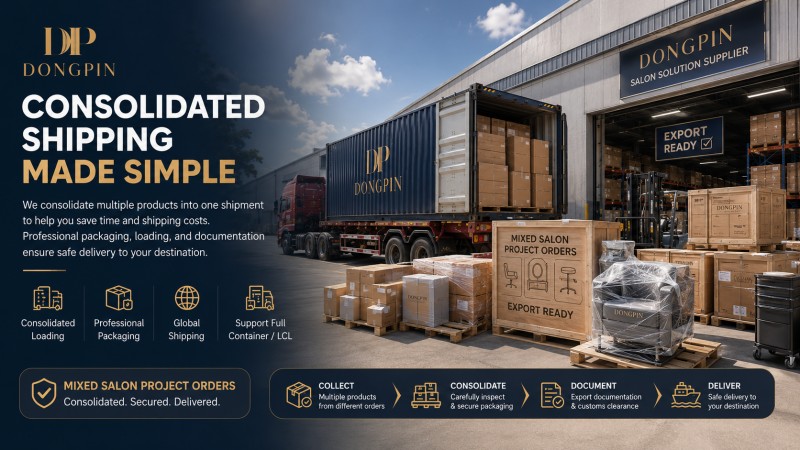 Dongpin consolidated packaging and international shipping service for mixed salon furniture and beauty equipment orders