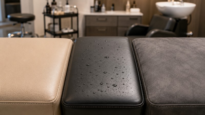 PU, PVC, and Microfiber Leather Upholstery Comparison Close-up comparison of soft PU leather, water-resistant PVC upholstery, and textured microfiber leather used on professional salon furniture.
