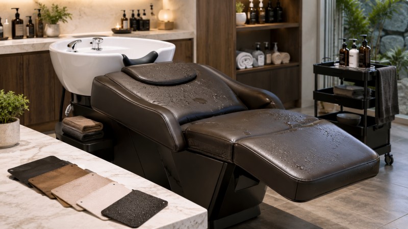 Water-Resistant Upholstery for Head Spa Beds Professional head spa shampoo bed with dark water-resistant upholstery, ceramic basin, salon trolley, towels, and leather material samples.