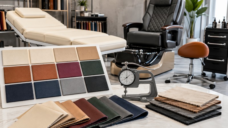 Salon Furniture Upholstery Selection and Quality Check Colorful PU, PVC, and microfiber leather swatches with a thickness gauge, electric beauty bed, pedicure chair, and salon stool in a furniture showroom.