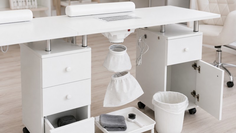 Nail Dust Collector Filter Bag Cleaning and Replacement Removable nail dust collector filter bags beneath a manicure table prepared for cleaning, inspection, and replacement during routine salon maintenance.