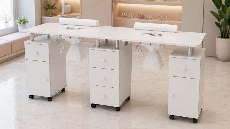 Double Manicure Table With Built-In Nail Dust Collectors White double manicure table with two built-in nail dust collectors, removable filter bags, storage cabinets, and wheeled drawer units in a modern nail salon.