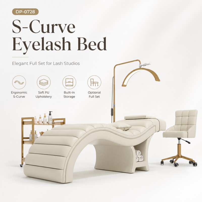 DP-0728 S-curve eyelash extension bed set with technician stool, beauty lamp and salon trolley