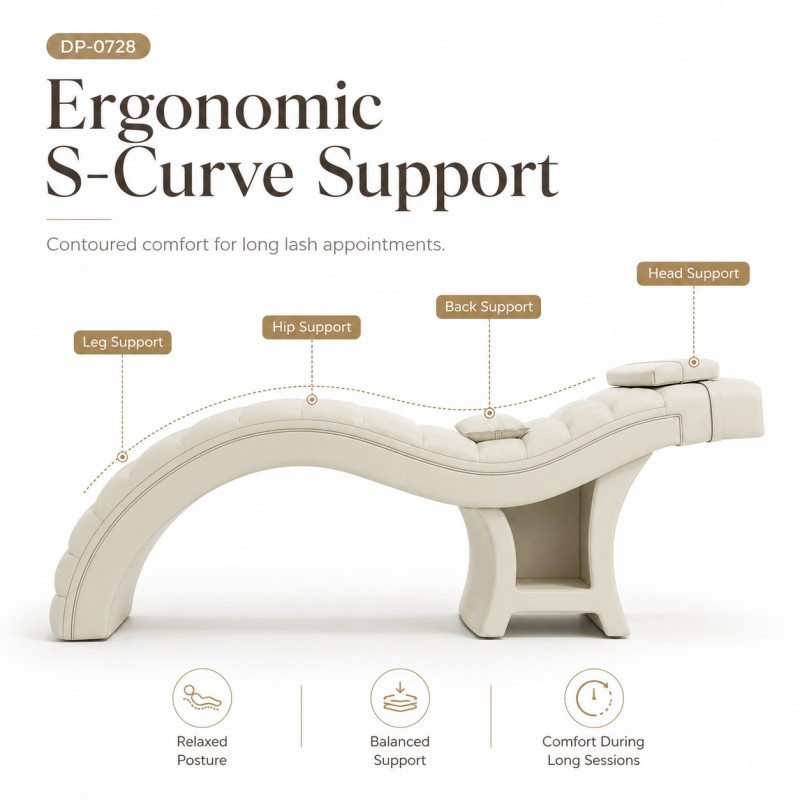 Ergonomic S-curve lash bed with contoured head, back, hip and leg support for long eyelash appointments