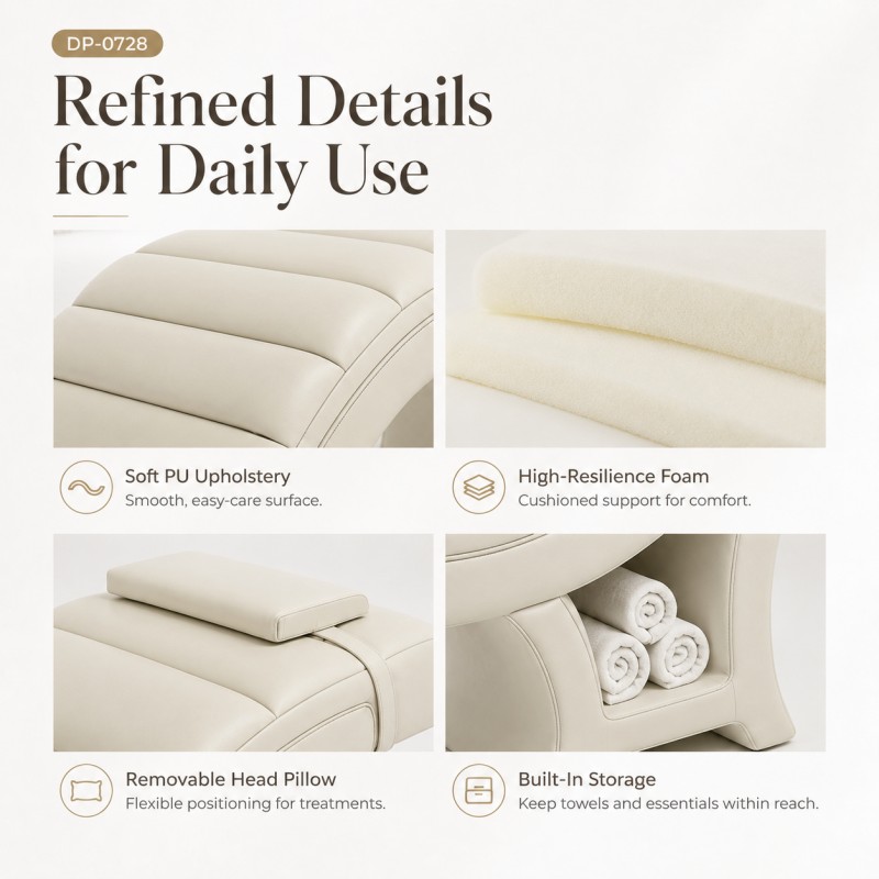 DP-0728 lash bed details featuring PU upholstery, high-resilience foam, removable head pillow and built-in storage