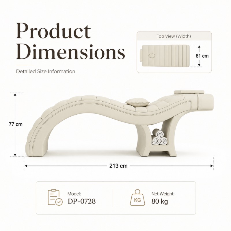 DP-0728 eyelash extension bed dimensions measuring 213 centimeters long, 61 centimeters wide and 77 centimeters high