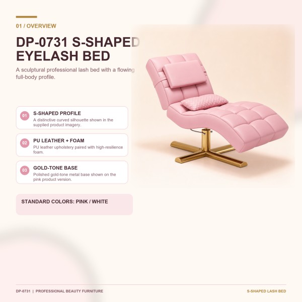 DP-0731 S-Shaped Eyelash Bed Overview | PU Leather Lash Bed Pink DP-0731 S-shaped eyelash bed with tufted PU leather upholstery, padded headrest, quilted cushion, and gold-tone base.