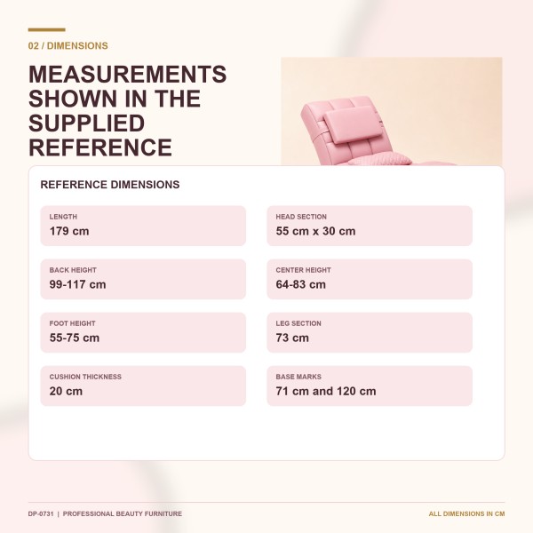DP-0731 S-Shaped Eyelash Bed Dimensions | 179 cm Reference Length DP-0731 S-shaped eyelash bed dimension reference showing 179 cm length, 99-117 cm back height, and 55-75 cm foot height.