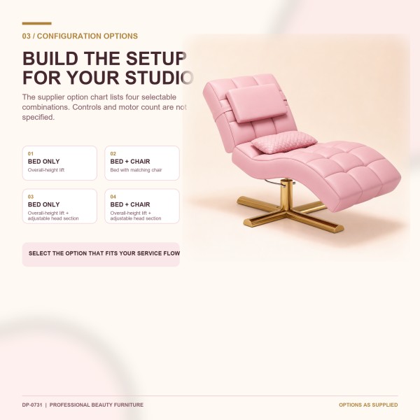 DP-0731 Lash Bed Configuration Options | Bed and Chair Sets Configuration options for the DP-0731 S-shaped eyelash bed, including bed-only and bed-with-chair combinations with selectable height lift and adjustable head section